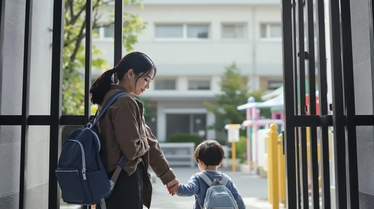 Mãe nikkei brasileira segurando a mão do filho pequeno na entrada de uma hoikuen pública no Japão