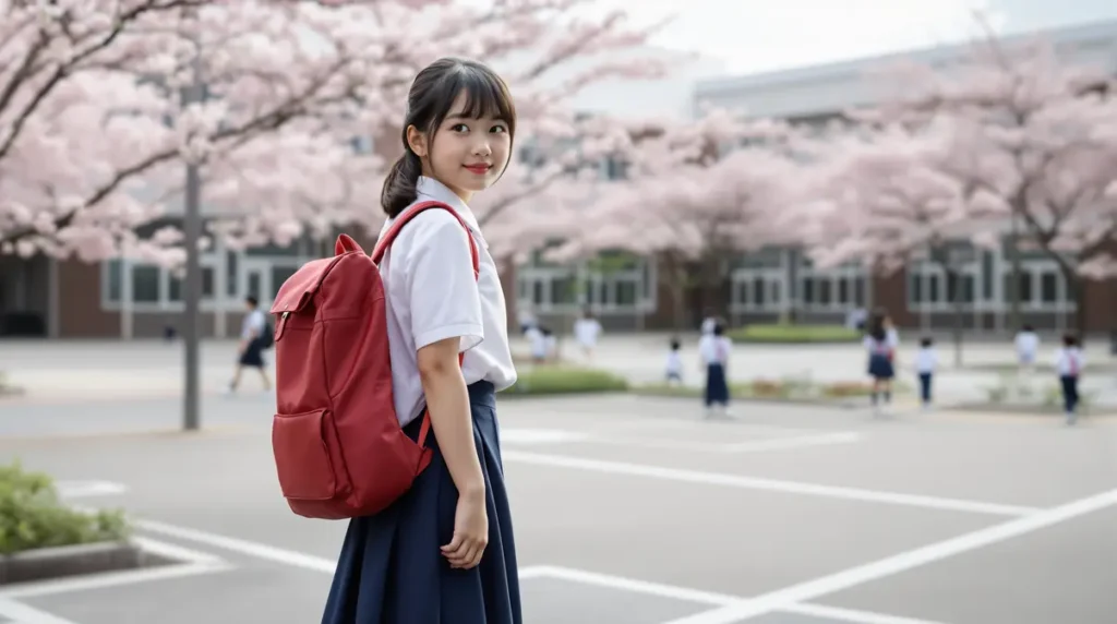 Menina nikkei brasileira de 8 anos usando uniforme escolar japonês, mochila randoseru e uwabaki, no pátio de uma escola pública japonesa