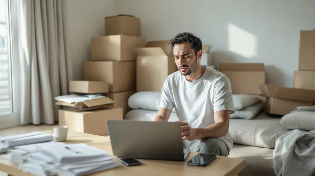 Homem nikkei brasileiro organizando caixas de mudança em apartamento japonês com documentos e notebook sobre a mesa