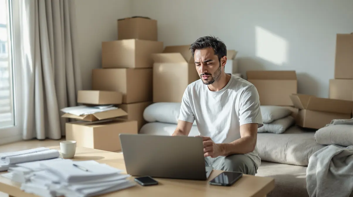 Homem nikkei brasileiro organizando caixas de mudança em apartamento japonês com documentos e notebook sobre a mesa