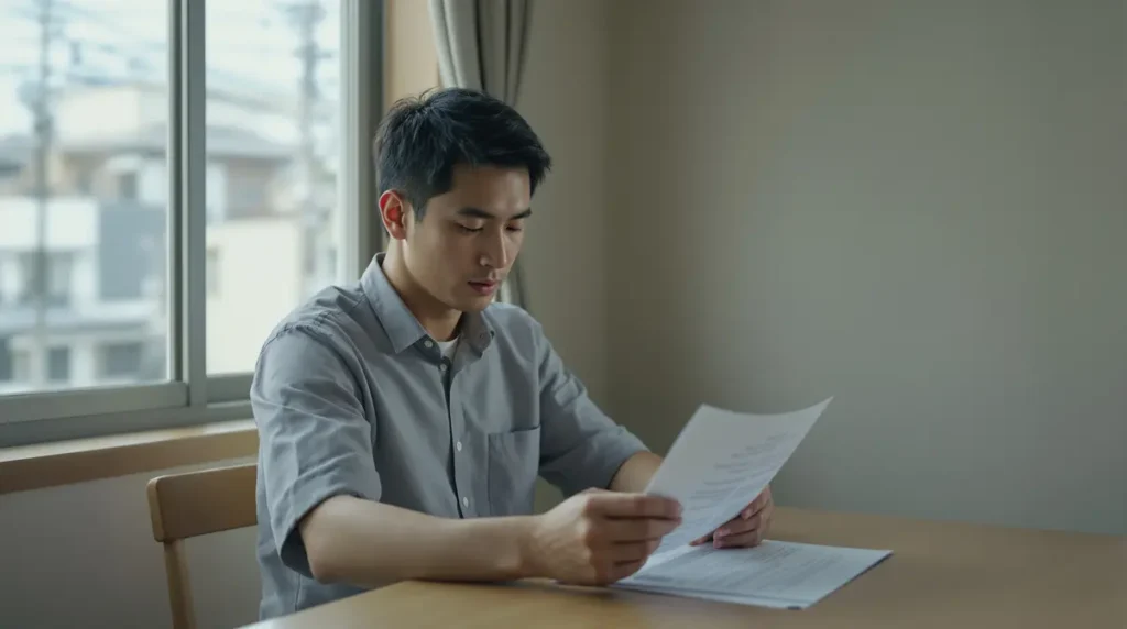 Homem nikkei brasileiro lendo um documento de proposta de emprego em uma mesa, com paisagem japonesa ao fundo