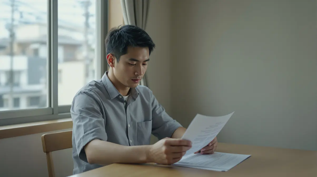 Homem nikkei brasileiro lendo um documento de proposta de emprego em uma mesa, com paisagem japonesa ao fundo