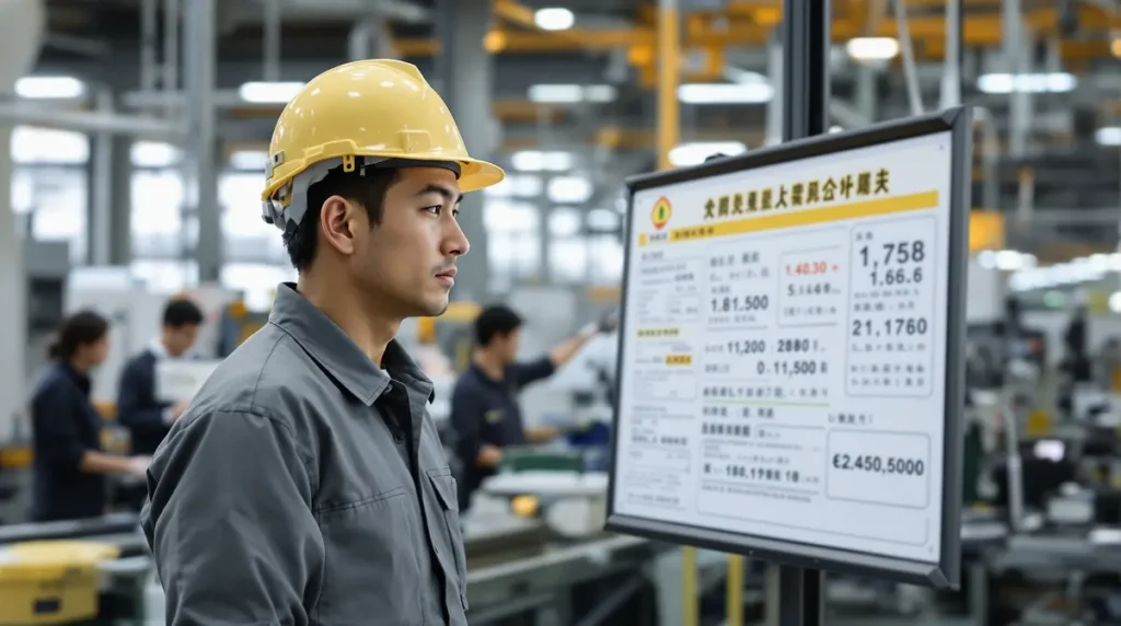 Trabalhador nikkei brasileiro em fábrica japonesa observando painel de processo com colegas ao fundo