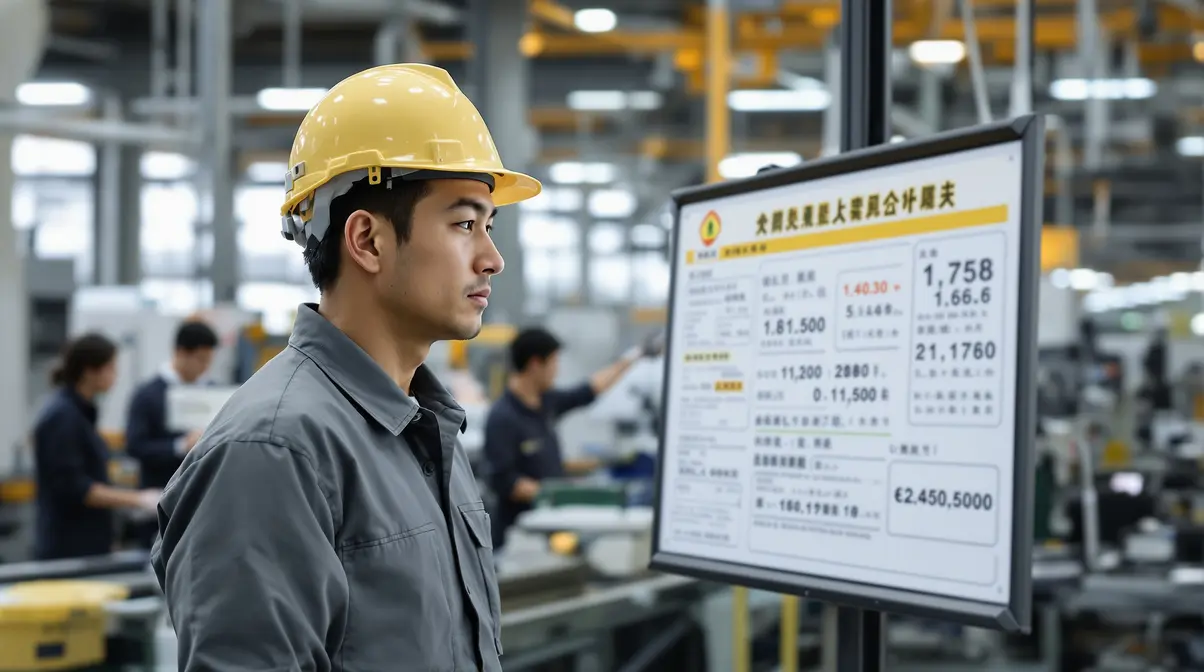 Trabalhador nikkei brasileiro em fábrica japonesa observando painel de processo com colegas ao fundo