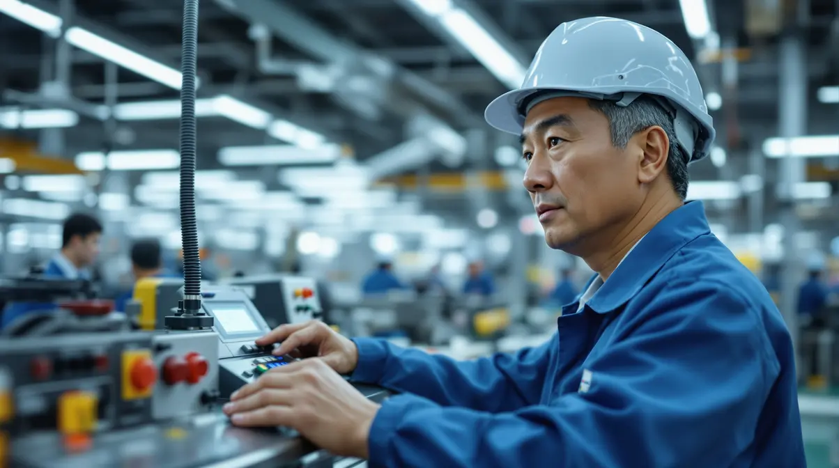 Trabalhador brasileiro descendente de japoneses acima de 40 anos em linha de produção de fábrica no Japão, usando uniforme e equipamento de segurança