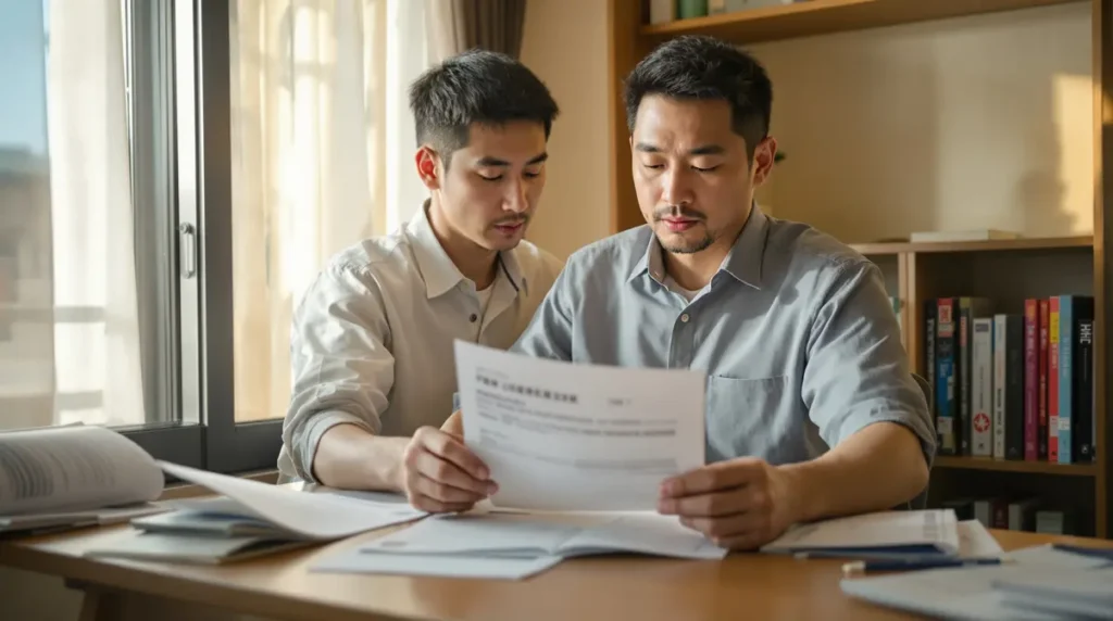 Homem nikkei brasileiro sentado em mesa de escritório no Japão revisando documentos de previdência social