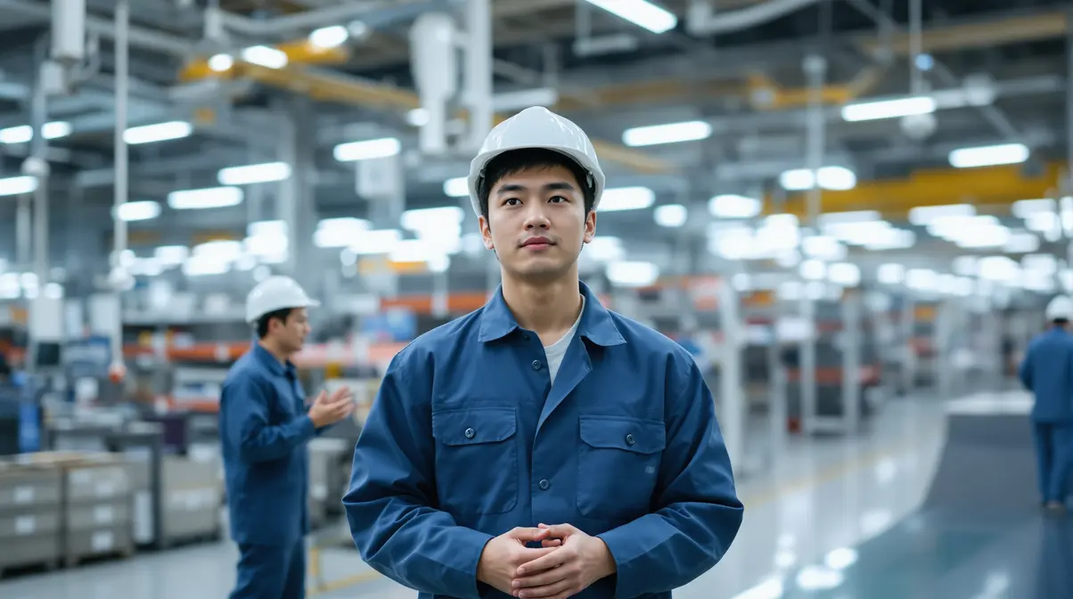 Trabalhador nikkei brasileiro ouvindo colega mais antigo durante reunião matinal em fábrica japonesa
