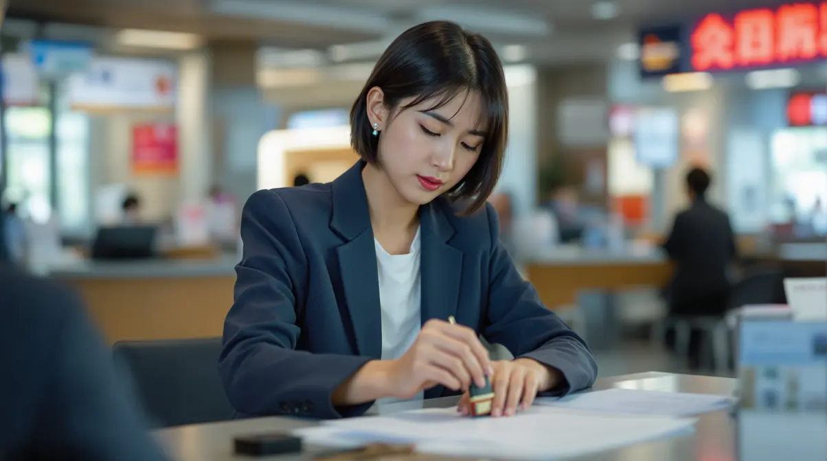 Mulher nikkei brasileira aplicando hanko em documento bancário em agência japonesa
