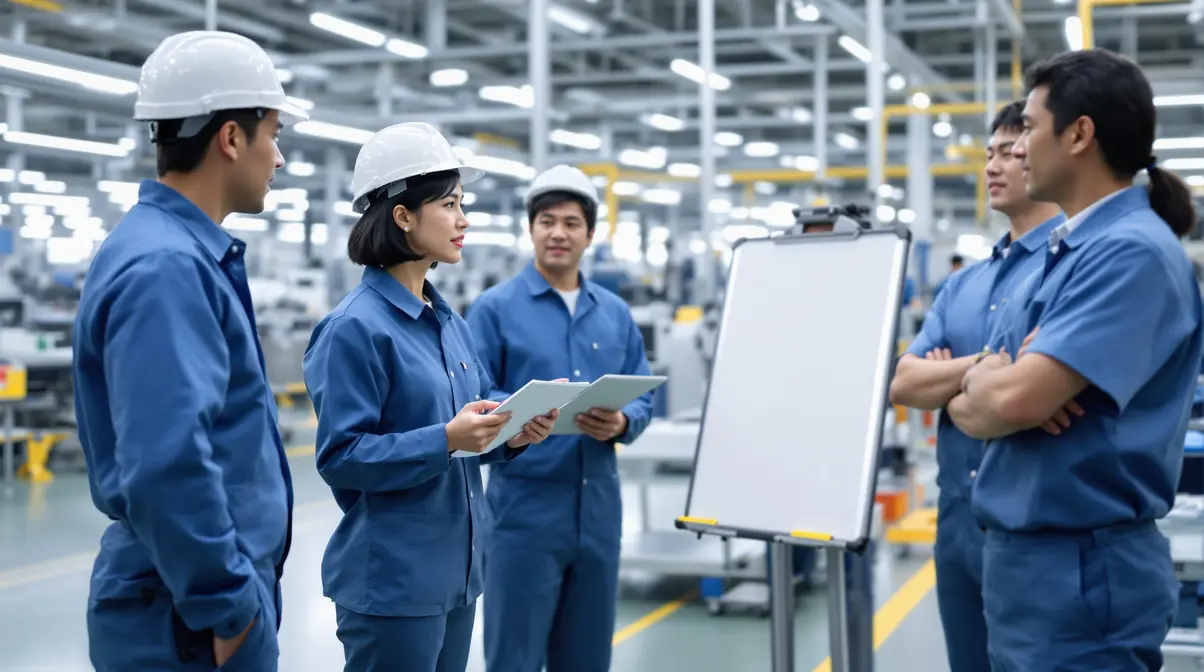 Trabalhadores nikkei brasileiros participando de reunião de kaizen no chão de fábrica japonesa