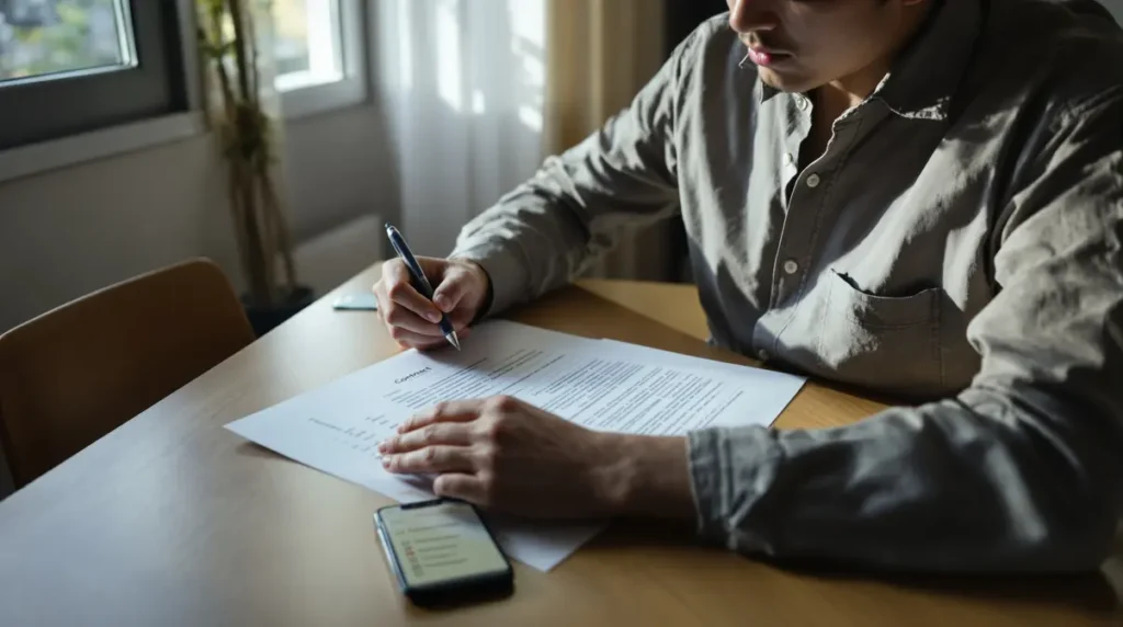Homem brasileiro descendente de japonês concentrado lendo documentos de contrato de trabalho em mesa com celular e caneta