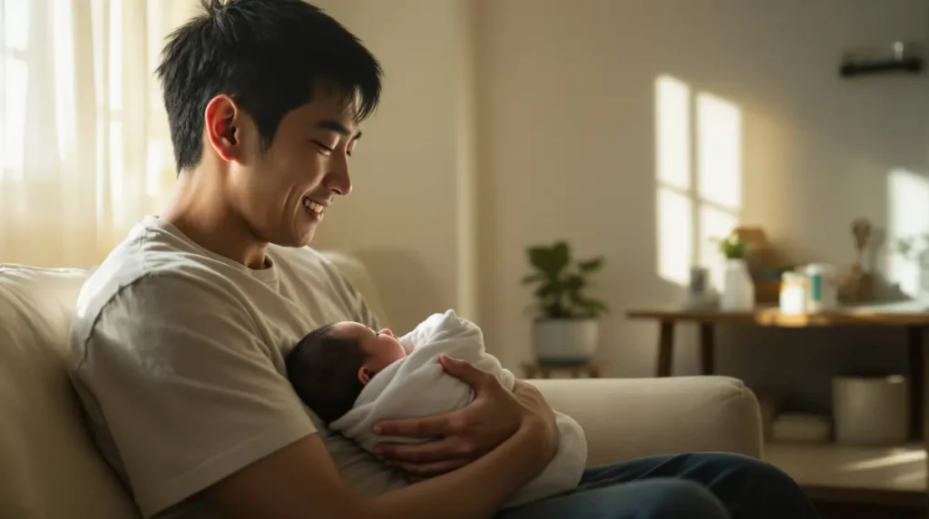 Homem brasileiro de descendência japonesa segurando bebê recém-nascido em casa no Japão, representando licença paternidade