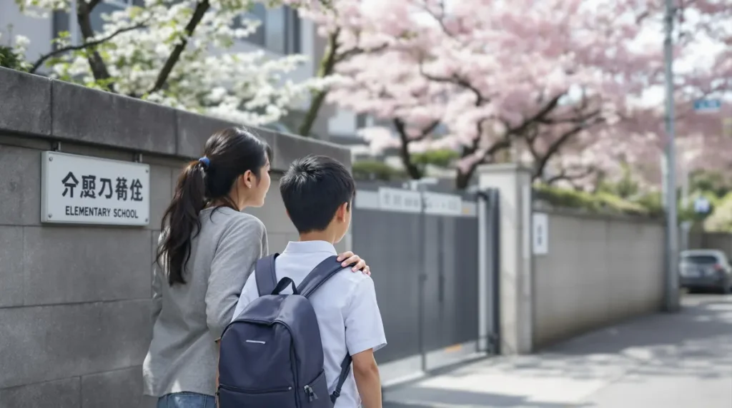 Mãe brasileira descendente de japoneses conversando com filho em idade escolar em frente a portão de escola no Japão