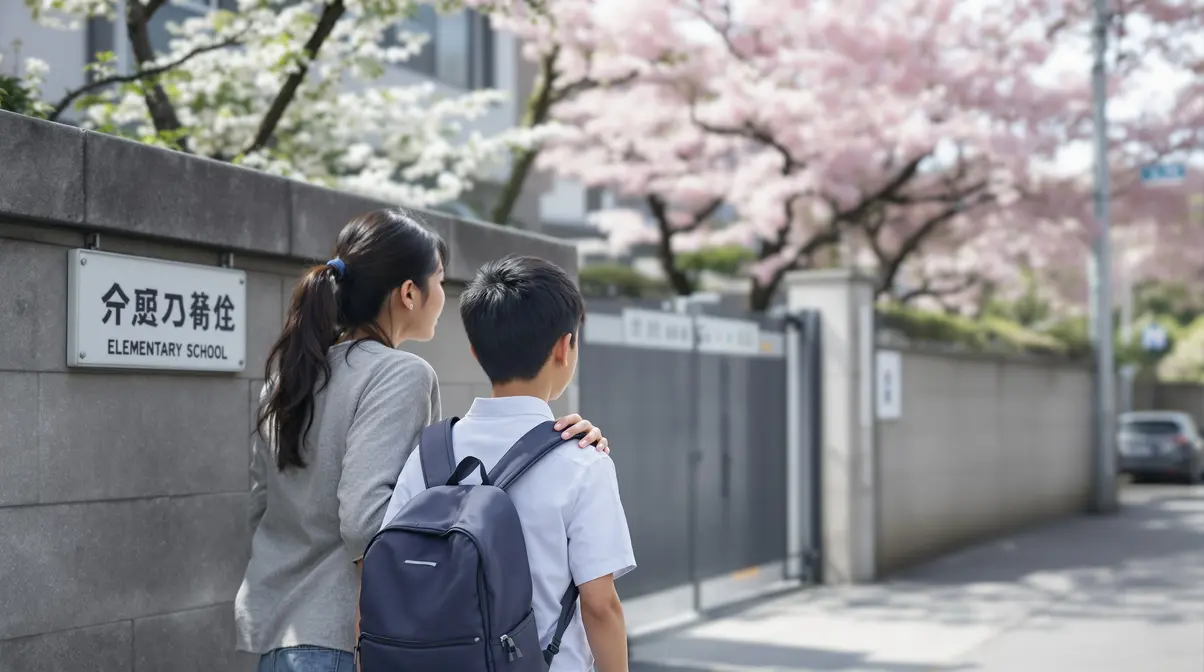 Mãe brasileira descendente de japoneses conversando com filho em idade escolar em frente a portão de escola no Japão