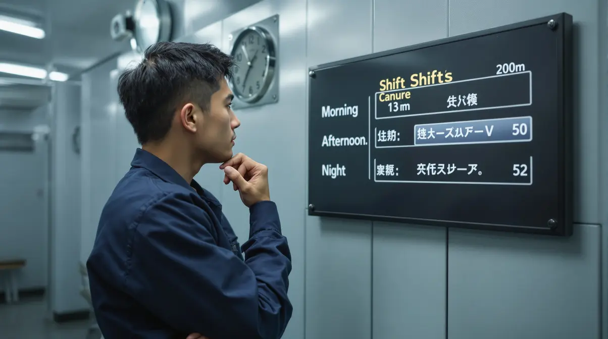 Homem nikkei brasileiro de 30 anos dentro de vestiário de fábrica no Japão, olhando quadro de horários de turnos fixado na parede, expressão pensativa, avaliando mudança de turno