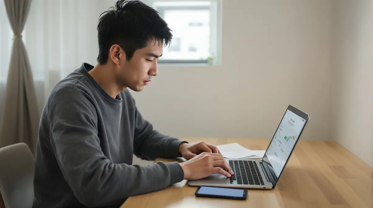Homem nikkei de 30 anos usando laptop em apartamento japonês, fazendo transferência internacional