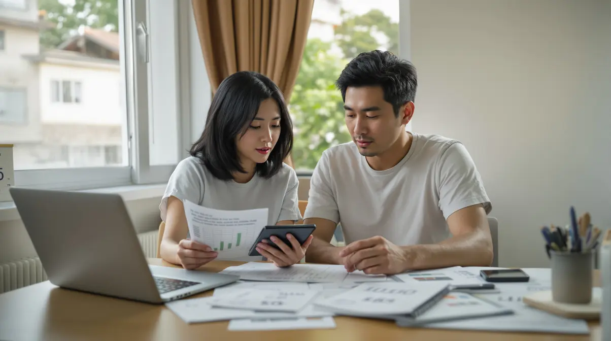 Casal de brasileiros descendentes de japoneses sentados à mesa com calculadora e documentos, planejando custos de educação para os filhos no Japão