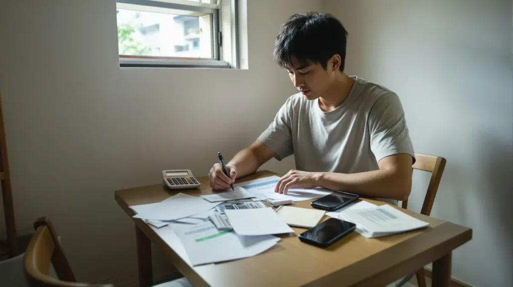 Homem nikkei brasileiro sentado à mesa de apartamento no Japão organizando contas e calculando despesas mensais