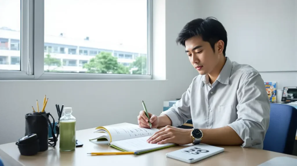 Homem nikkei brasileiro de 28 anos estudando apostila de trânsito japonês em mesa de autoescola no Japão