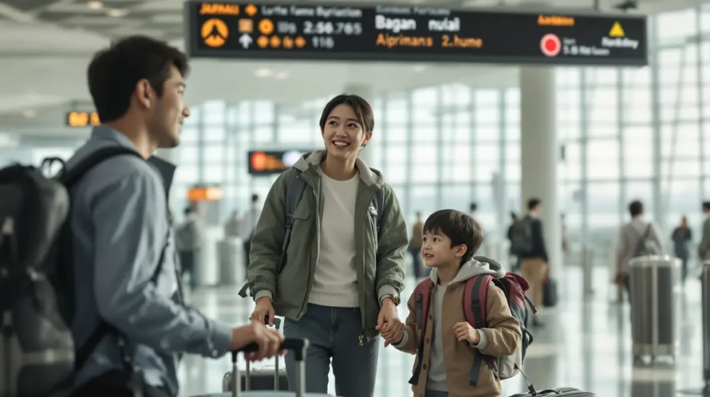 Família nikkei brasileira com pais e filho no aeroporto do Japão, planejando reunificação familiar