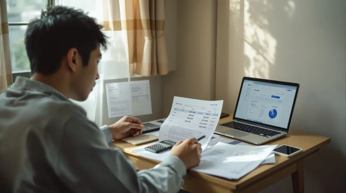 Homem nikkei brasileiro sentado à mesa com notebook e papéis de planejamento financeiro em apartamento no Japão