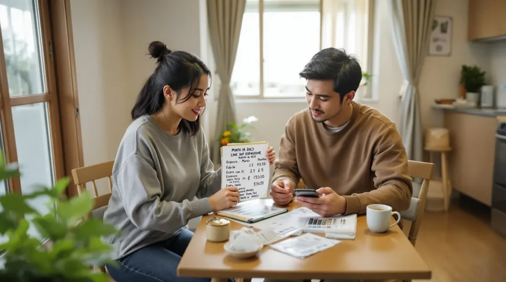 Casal de descendentes de japoneses revisando orçamento mensal em apartamento no Japão