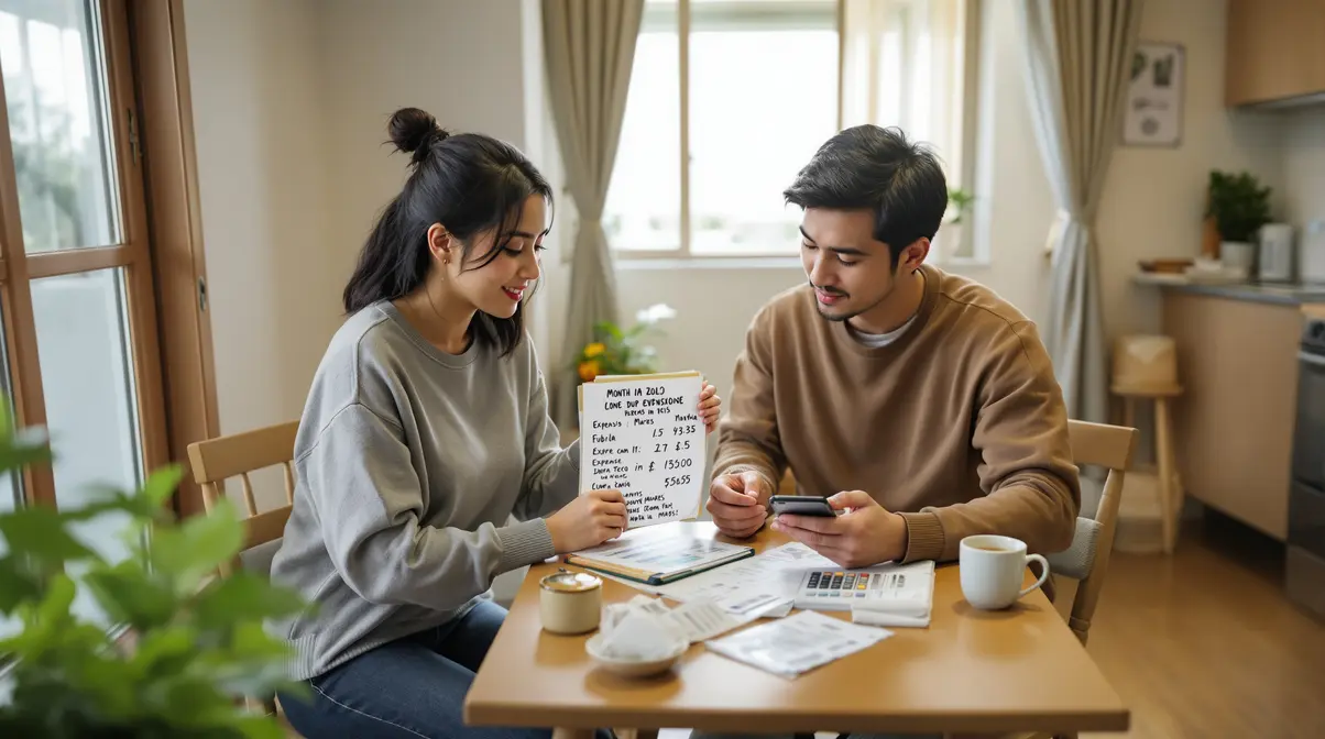 Casal de descendentes de japoneses revisando orçamento mensal em apartamento no Japão
