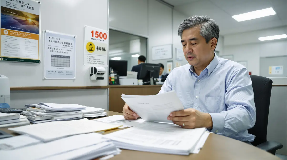 Homem nikkei brasileiro de meia-idade analisando documentos previdenciários em escritório de pensões japonês