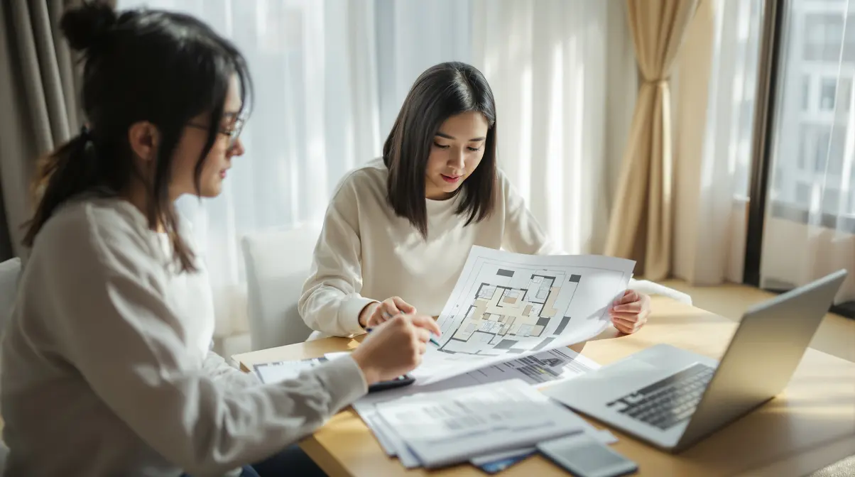 Casal nikkei brasileiro sentado à mesa revisando documentos e planta de imóvel no Japão