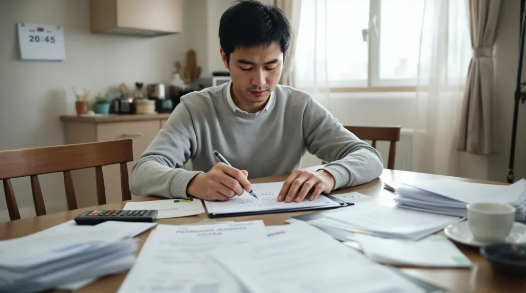 Homem nikkei brasileiro de 35 anos sentado à mesa organizando documentos oficiais japoneses para pedido de visto permanente