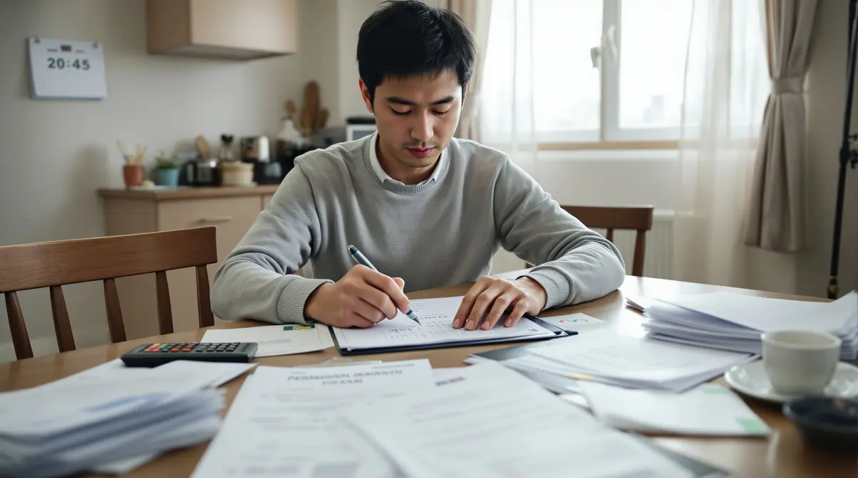 Homem nikkei brasileiro de 35 anos sentado à mesa organizando documentos oficiais japoneses para pedido de visto permanente