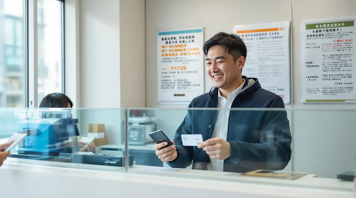 Homem nikkei brasileiro recebendo cartão My Number no balcão de um ward office japonês