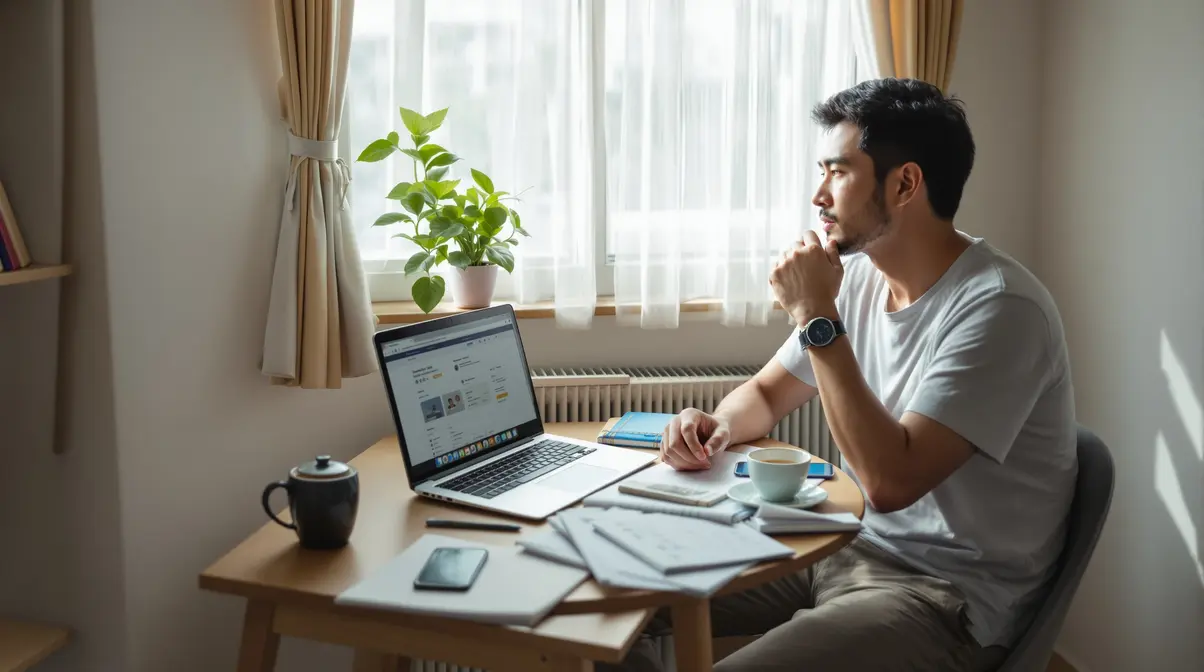 Homem brasileiro nikkei sentado em apartamento japonês com laptop e documentos sobre a mesa, olhando pela janela pensativo