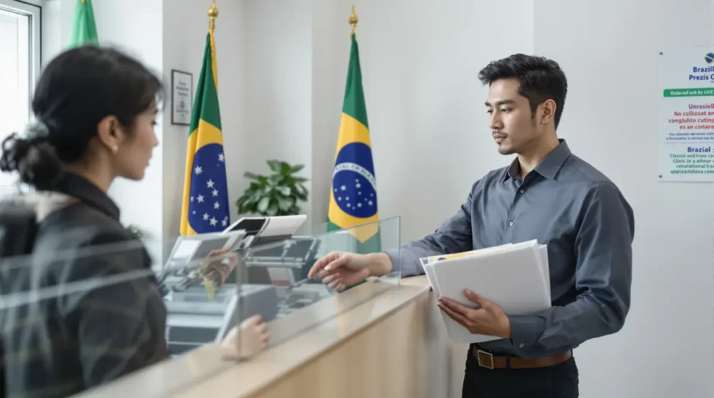 Casal nikkei brasileiro entregando documentos no balcão do consulado brasileiro no Japão para registro de casamento