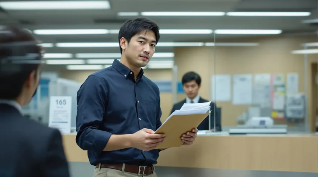Homem nikkei brasileiro de 30 anos entregando documentos no balcão do escritório de imigração japonês para renovação de visto de trabalho