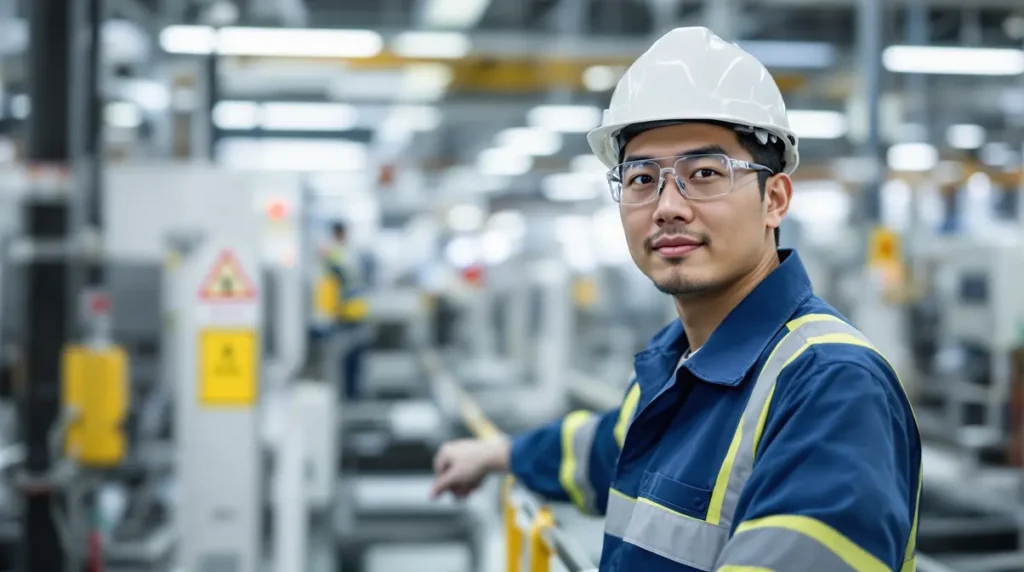 Trabalhador nikkei brasileiro usando equipamento de proteção individual em linha de produção de fábrica japonesa