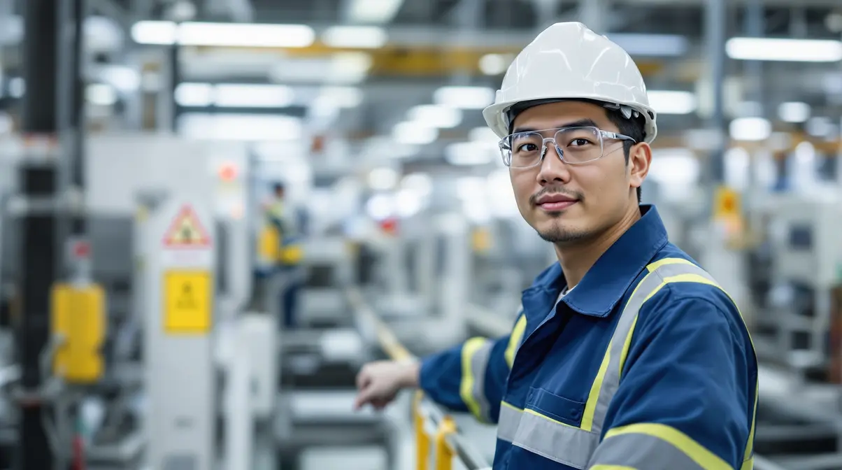 Trabalhador nikkei brasileiro usando equipamento de proteção individual em linha de produção de fábrica japonesa