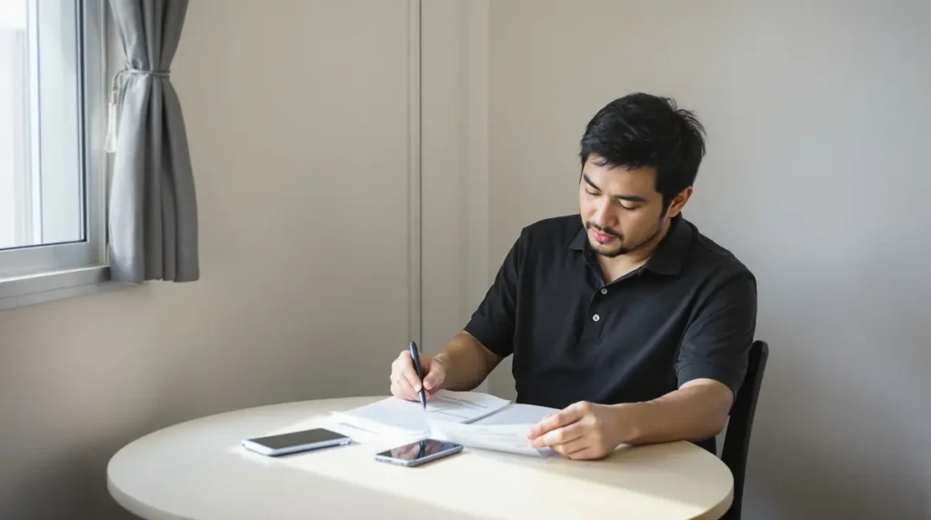 Homem nikkei brasileiro analisando documentos de seguro de saúde em apartamento no Japão