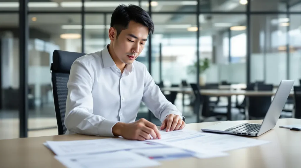 Profissional brasileiro descendente de japonês em escritório corporativo japonês revisando documentos de imigração