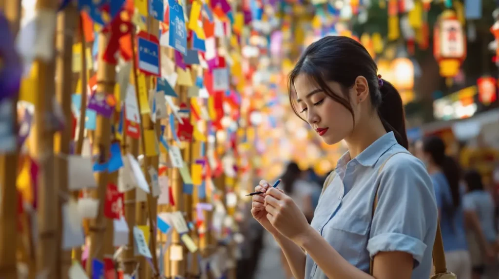 Mulher brasileira descendente de japoneses escrevendo pedido em tanzaku colorido durante festival de Tanabata no Japão com bambus decorados ao fundo