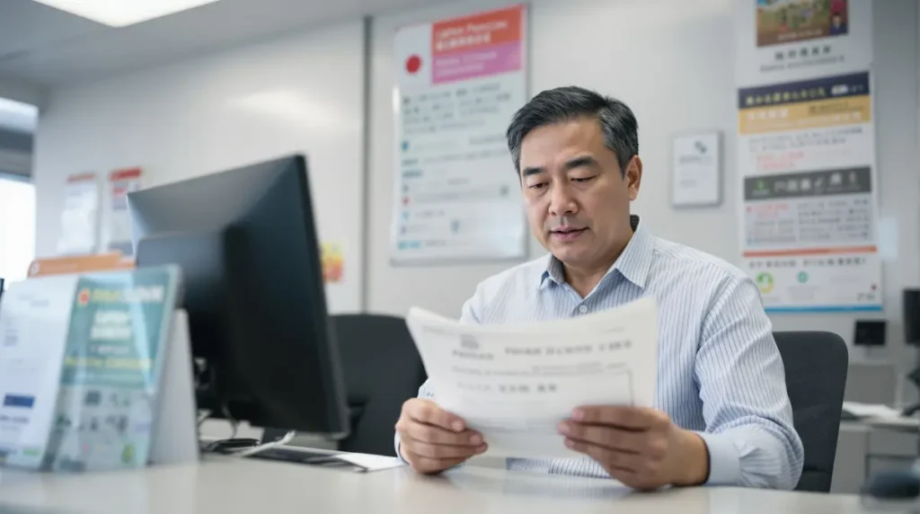 Homem nikkei brasileiro de 45 anos verificando certificado de contribuição previdenciária em escritório do Japan Pension Service no Japão