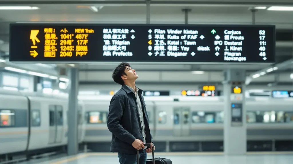 Homem nikkei brasileiro jovem em estação de trem no Japão segurando mala e olhando placa de direção entre plataformas