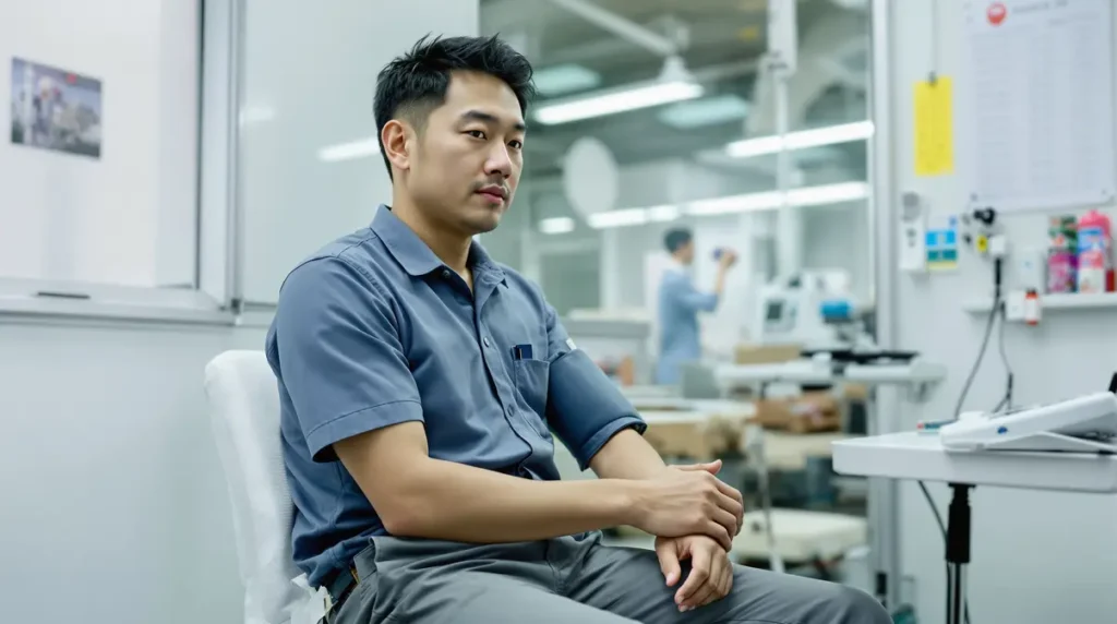 Trabalhador brasileiro descendente de japoneses de 30 anos fazendo exame de saúde ocupacional kenko shindan em clínica de fábrica no Japão
