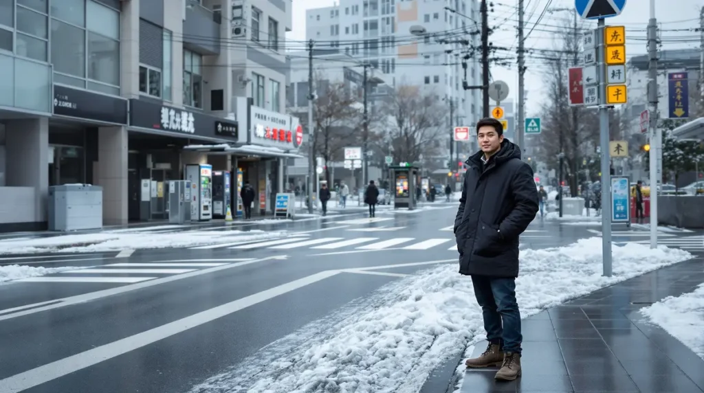 Jovem trabalhador brasileiro nikkei com casaco de inverno em rua urbana de Sendai, Miyagi, com prédios ao fundo e neve leve