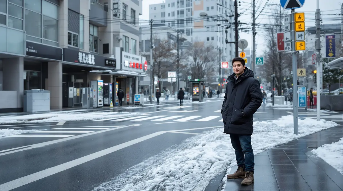 Jovem trabalhador brasileiro nikkei com casaco de inverno em rua urbana de Sendai, Miyagi, com prédios ao fundo e neve leve