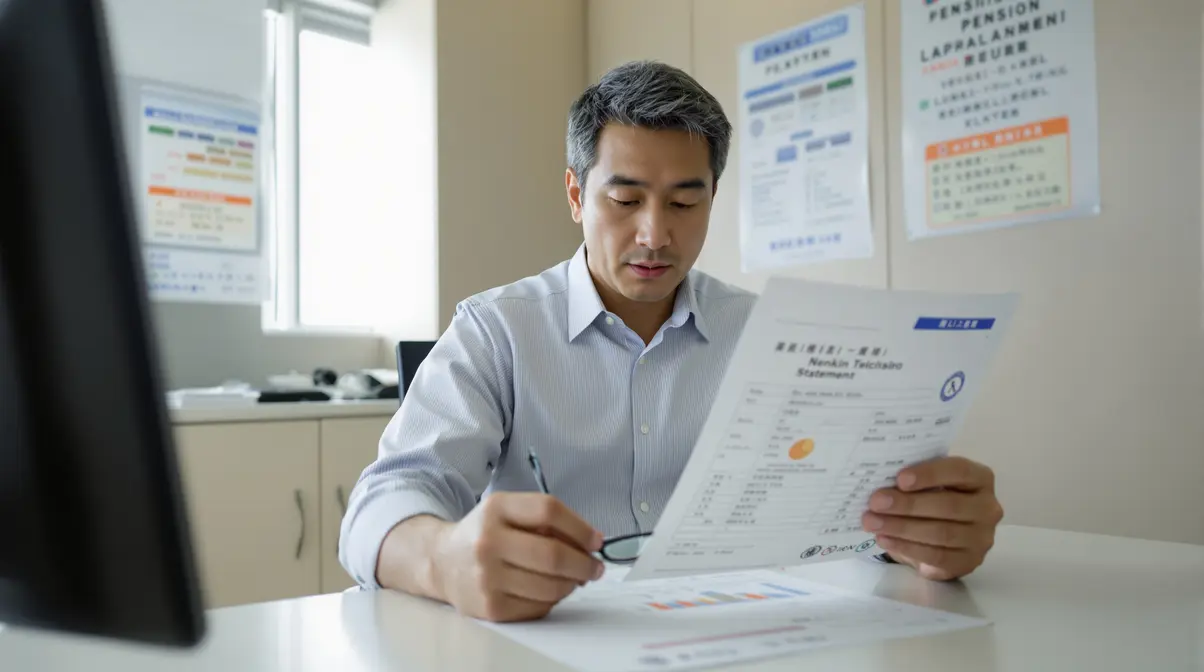 Homem nikkei brasileiro de meia-idade analisando extrato de nenkin em escritório no Japão