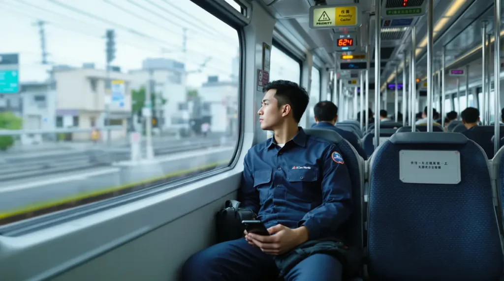 Trabalhador brasileiro descendente de japonês dentro de trem no Japão durante trajeto para a fábrica