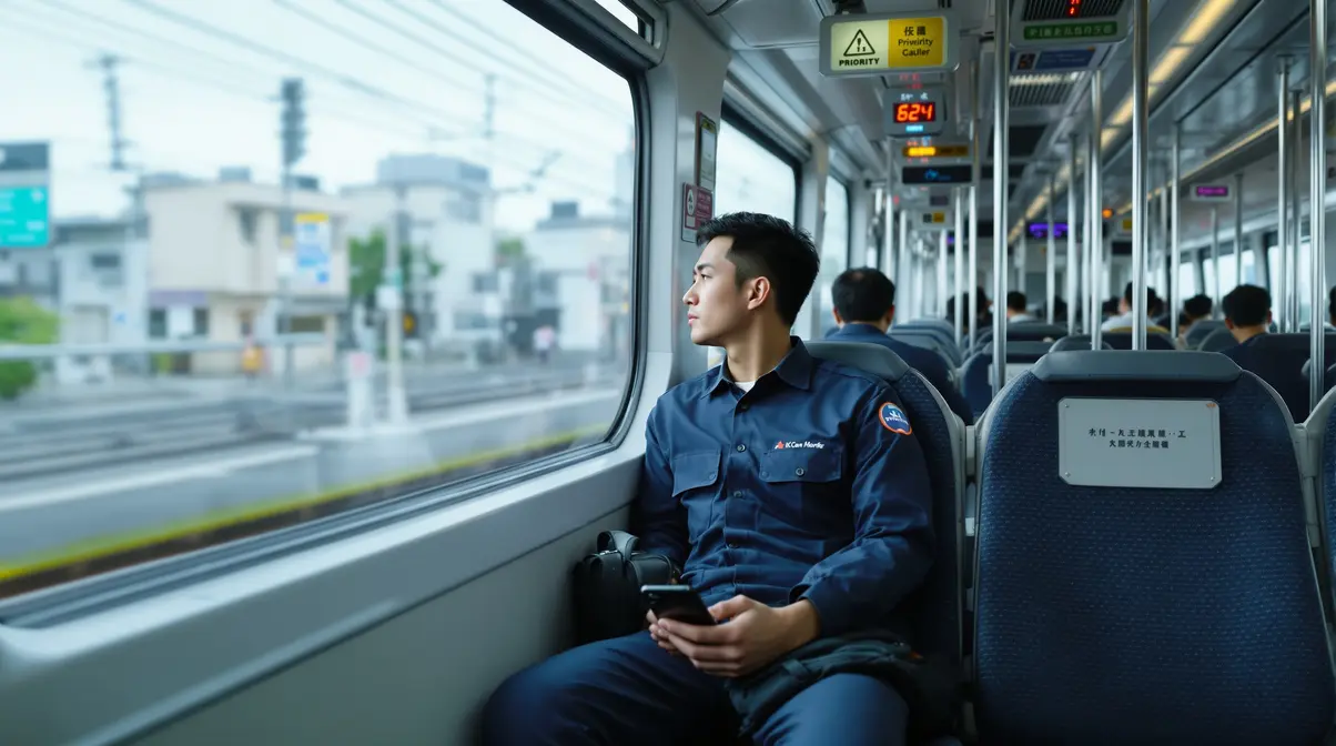 Trabalhador brasileiro descendente de japonês dentro de trem no Japão durante trajeto para a fábrica