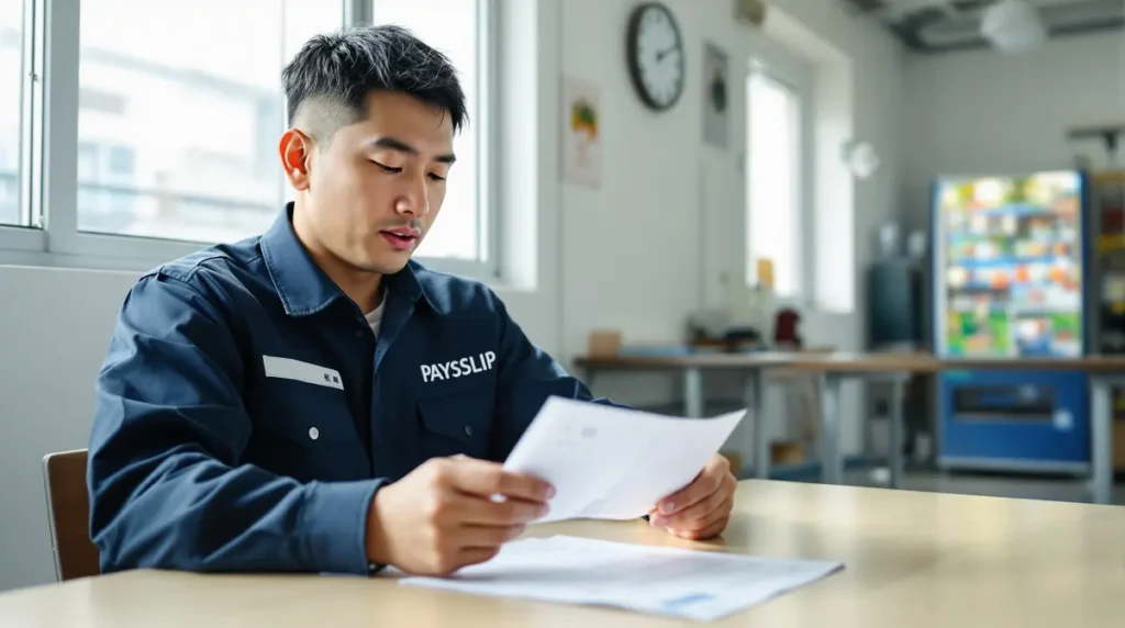Trabalhador nikkei brasileiro de 30 anos lendo atentamente holerite japonês em ambiente de trabalho realista no Japão