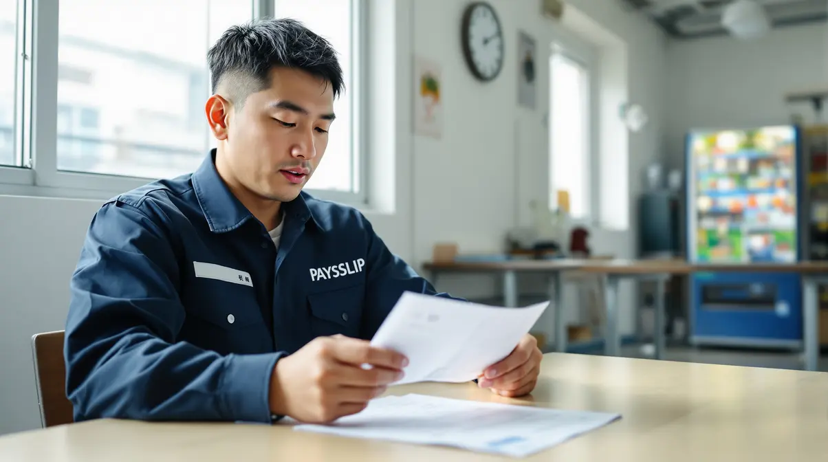 Trabalhador nikkei brasileiro de 30 anos lendo atentamente holerite japonês em ambiente de trabalho realista no Japão