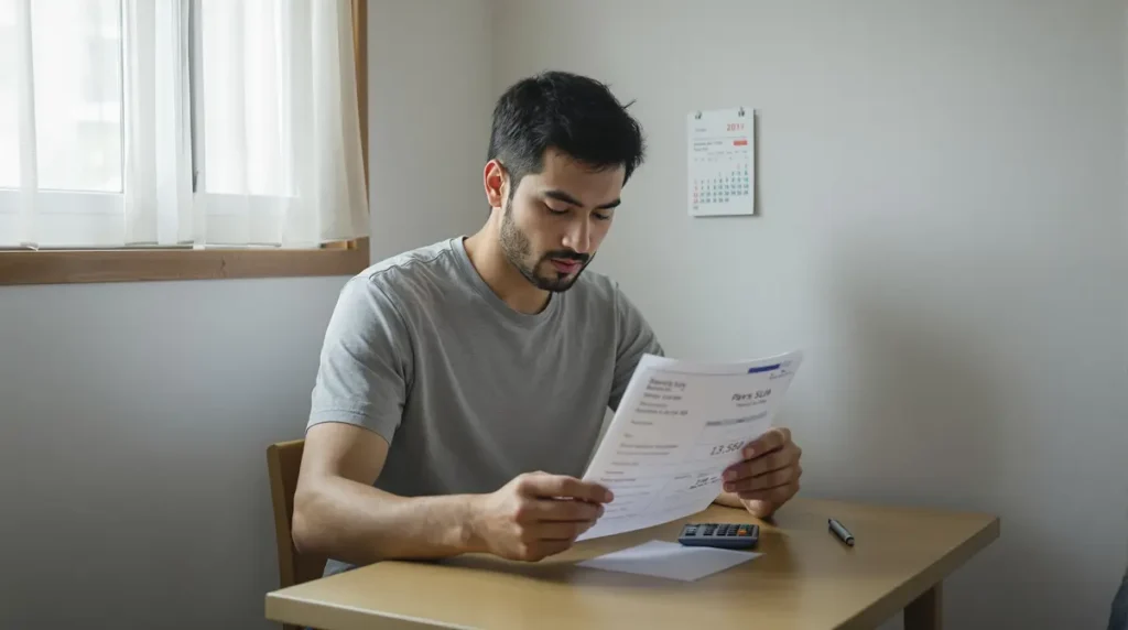 Homem nikkei brasileiro de 30 anos verificando holerite de bônus em ambiente residencial japonês